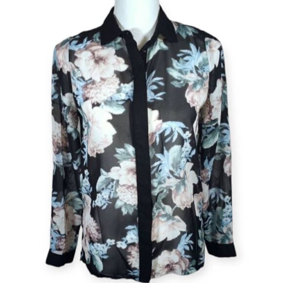 ATMOSPHERE SHEER BLACK, PINK, & BLUE FLORAL BUTTON DOWN BLOUSE SZ.US6 EUC. - Picture 1 of 6